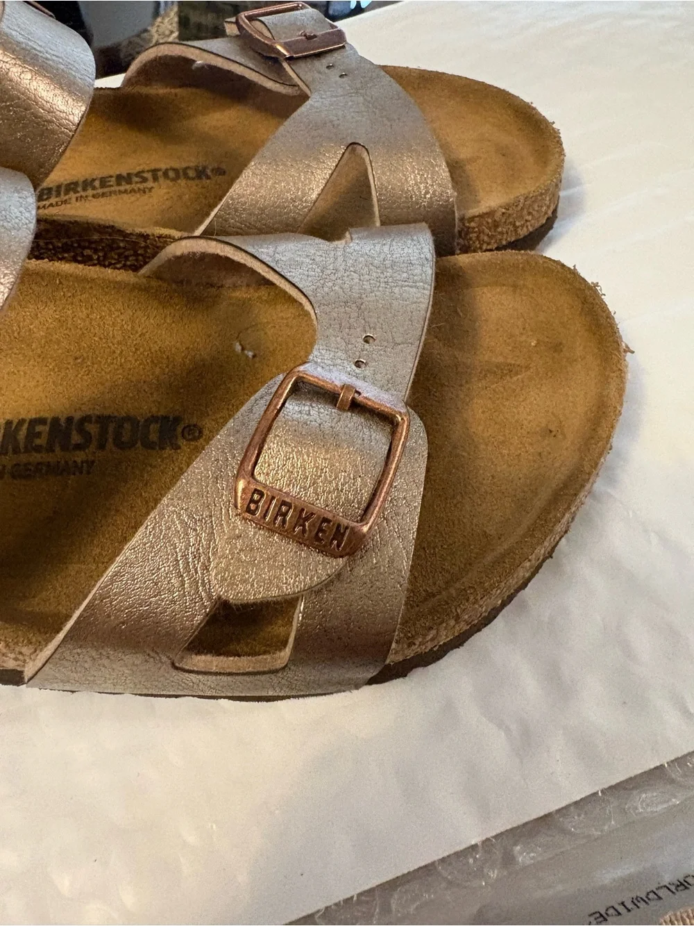 Birkenstock Kids Metallic Rose Gold Two-Strap Buckle Sandals